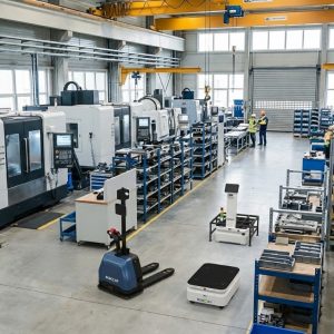 flotta di robot con più funzioni che lavora in magazzino